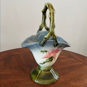 VTG Hull Pottery Woodland Blue/Green Pink Flowers Twig Handle Basket MCM Art